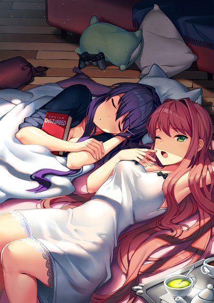 Anime picture 1100x1556 with doki doki literature club monika (doki doki literature club) yuri (doki doki literature club) satchely long hair tall image blush fringe open mouth light erotic hair between eyes brown hair multiple girls green eyes cleavage purple hair bent knee (knees) indoors lying eyes closed