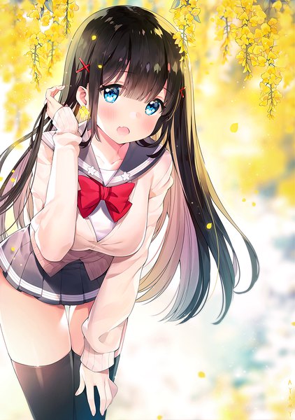 Anime picture 850x1209 with original miyawaki sana ayami (annahibi) single long hair tall image looking at viewer blush fringe breasts open mouth blue eyes black hair hair between eyes standing payot pleated skirt blurry leaning depth of field