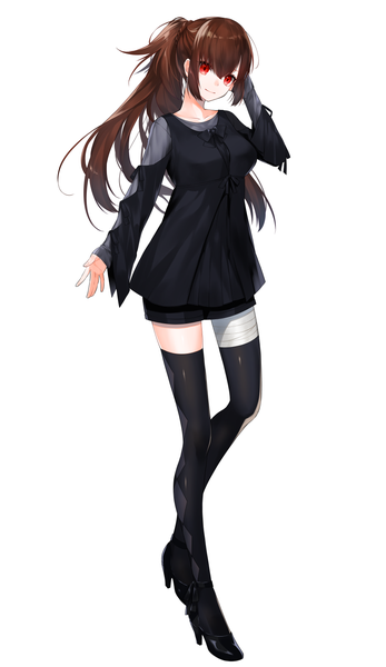 Anime picture 900x1554 with original waka (shark waka) single long hair tall image looking at viewer fringe breasts simple background hair between eyes red eyes brown hair standing white background full body ponytail braid (braids) long sleeves head tilt arm up