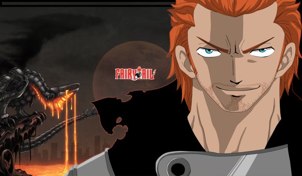Anime picture 1520x890 with fairy tail gildarts clive natsudrgonil single short hair blue eyes wide image light smile orange hair inscription coloring vector lava bristle boy choker full moon