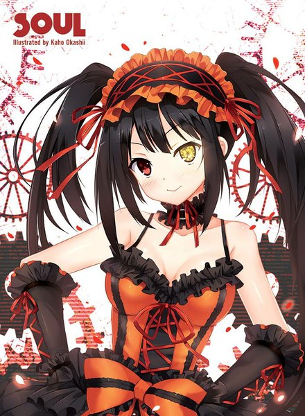 Anime picture 705x960 with date a live tokisaki kurumi kaho okashii single long hair tall image blush black hair smile red eyes twintails bare shoulders yellow eyes inscription heterochromia hands on hips girl dress detached sleeves frills