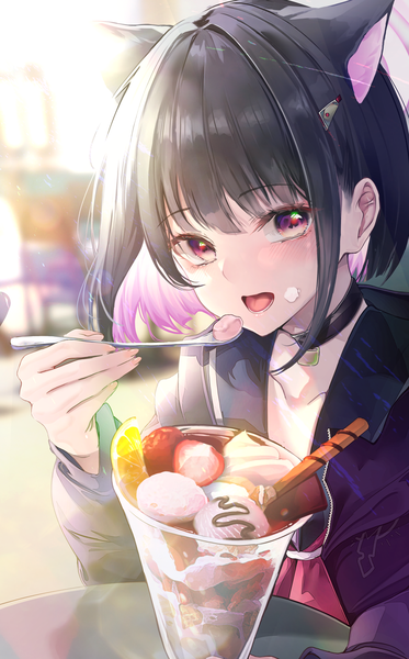 Anime picture 2329x3744 with blue archive kazusa (blue archive) mika uni single tall image looking at viewer highres short hair open mouth black hair red eyes animal ears pink hair upper body multicolored hair blurry colored inner hair eating food on face girl