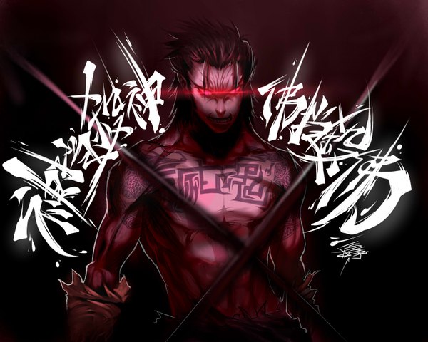 Anime picture 3000x2400 with romance of the three kingdoms lu bu (three kingdoms) kikira single highres short hair black hair red eyes inscription tattoo glowing topless glowing eye (eyes) boy weapon