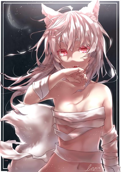 Anime picture 1500x2121 with original lm (linmiu39) single long hair tall image looking at viewer fringe breasts open mouth light erotic hair between eyes red eyes bare shoulders signed animal ears upper body ahoge white hair tail animal tail