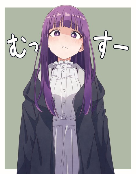 Anime picture 1066x1362 with sousou no frieren fern (sousou no frieren) eito12 single long hair tall image looking at viewer fringe simple background purple eyes purple hair upper body blunt bangs inscription border outside border green background :t girl dress