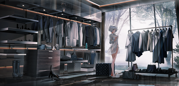 Anime picture 2000x958 with original swav single looking at viewer highres short hair blue eyes light erotic wide image standing white hair indoors bare legs open shirt shoes removed girl underwear panties plant (plants) animal