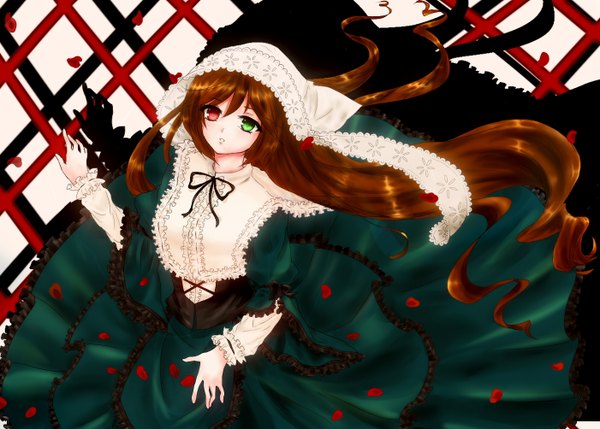 Anime picture 1402x1004 with rozen maiden suiseiseki single long hair looking at viewer brown hair shadow loli heterochromia lolita fashion girl dress petals frills bonnet