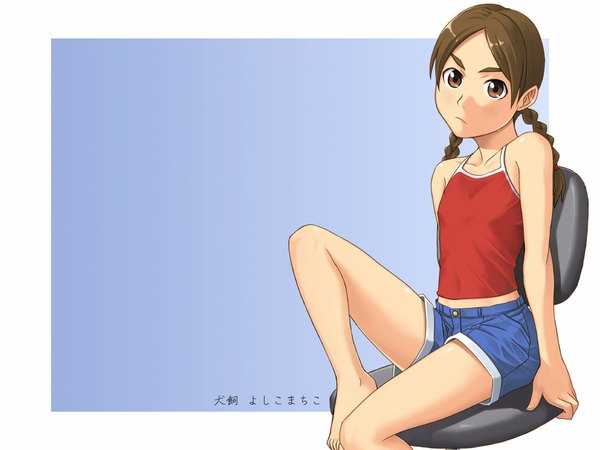 Anime picture 1024x768 with abenobashi mahou shoutengai asahina arumi single wallpaper flat chest denim shorts chair denim shorts yizumi