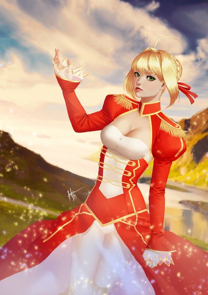 Anime picture 827x1169 with fate (series) fate/stay night fate/extra artoria pendragon (all) saber nero claudius (fate) (all) nero claudius (fate) single tall image looking at viewer blush fringe short hair breasts blonde hair large breasts green eyes signed cloud (clouds) lips