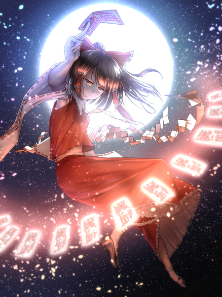 Anime picture 5262x7016 with touhou hakurei reimu katapan single long hair tall image looking at viewer fringe highres brown hair holding brown eyes absurdres full body bent knee (knees) traditional clothes japanese clothes night wide sleeves sparkle