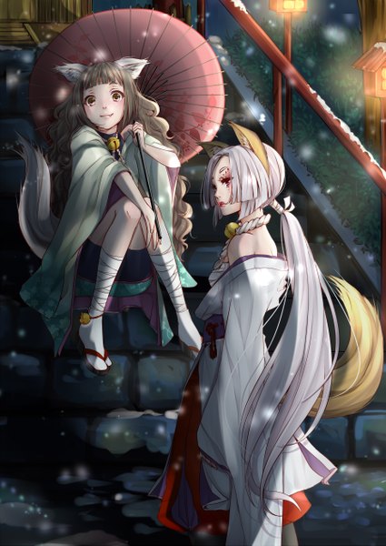 Anime picture 1800x2542 with original masami chie long hair tall image highres red eyes brown hair multiple girls brown eyes animal ears white hair ponytail traditional clothes japanese clothes animal tail snowing winter girl 2 girls umbrella