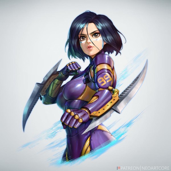 Anime picture 1000x1000 with battle angel alita gally nudtawut thongmai single fringe short hair breasts simple background hair between eyes brown eyes signed blue hair looking away upper body parted lips lips realistic grey background facial mark fighting stance