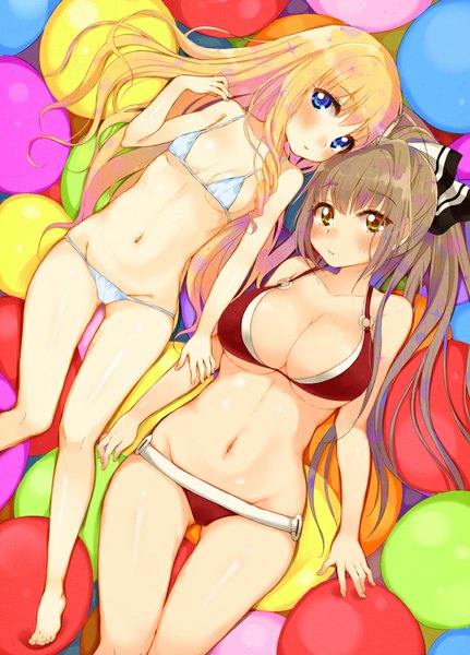 Anime picture 690x960 with amagi brilliant park kyoto animation sento isuzu latifa fleuranza hym9594 long hair tall image looking at viewer blush fringe breasts blue eyes light erotic blonde hair brown hair large breasts multiple girls yellow eyes ahoge ponytail