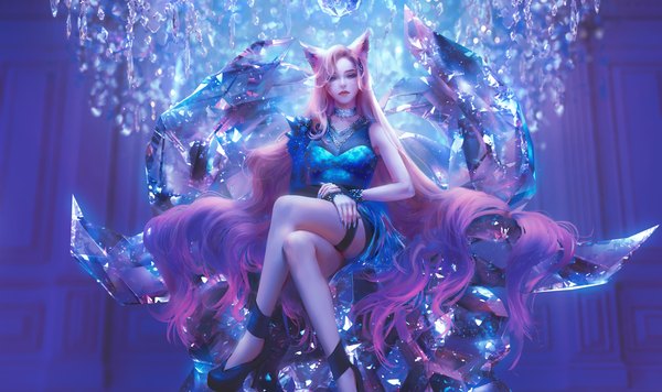 Anime picture 8500x5040 with league of legends ahri (league of legends) nixeu single looking at viewer highres blue eyes wide image sitting animal ears pink hair absurdres tail very long hair nail polish animal tail fingernails realistic from below fox ears