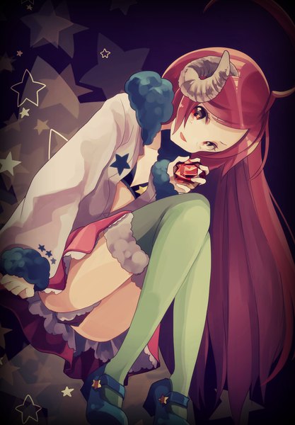 Anime picture 1232x1770 with vocaloid miki (vocaloid) shigure ui single long hair tall image looking at viewer light erotic smile red eyes holding red hair long sleeves parted lips leaning leaning forward fur trim sleeves past wrists star print girl