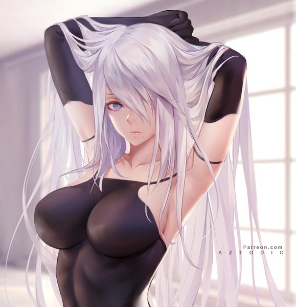 Anime picture 5766x5976 with nier nier:automata yorha type a no. 2 azto dio single long hair tall image looking at viewer fringe highres breasts blue eyes light erotic large breasts signed absurdres silver hair upper body indoors blurry