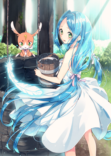 Anime picture 1036x1450 with original sakuragi ren single tall image looking at viewer blush standing twintails green eyes blue hair very long hair wind sleeveless low twintails girl dress plant (plants) animal water white dress