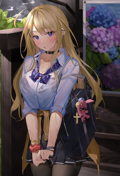 Anime picture 1402x2048 with original xretakex single long hair tall image looking at viewer blush fringe breasts open mouth light erotic blonde hair hair between eyes large breasts standing purple eyes ahoge head tilt pleated skirt mole