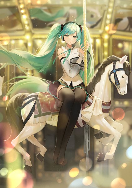 Anime picture 1000x1418 with vocaloid hatsune miku hatsune miku (nt) eso (toory) single tall image looking at viewer sitting twintails full body ahoge very long hair pleated skirt aqua eyes aqua hair girl thighhighs skirt black thighhighs detached sleeves