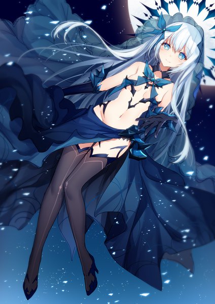 Anime picture 1000x1415 with date a live tobiichi origami bison cangshu single long hair tall image looking at viewer blush fringe breasts blue eyes light erotic smile hair between eyes bare shoulders silver hair full body night high heels dutch angle