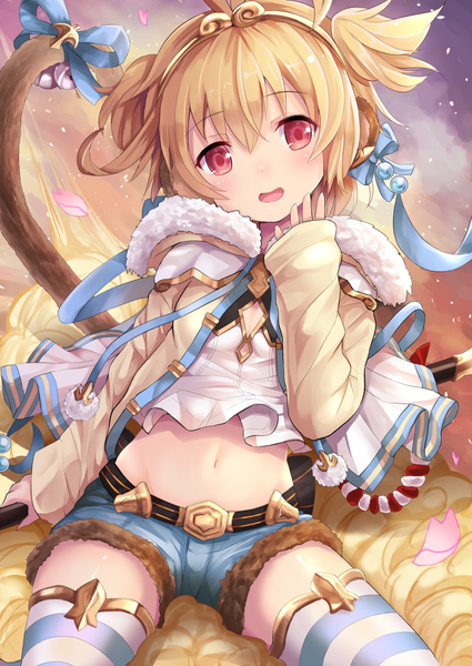 Anime picture 1000x1412 with granblue fantasy andira (granblue fantasy) u rin single tall image looking at viewer blush fringe short hair open mouth blonde hair smile hair between eyes red eyes sitting animal ears sky cloud (clouds) tail long sleeves