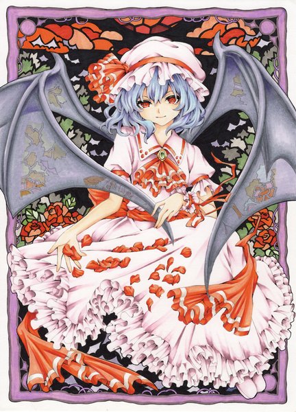 Anime picture 648x900 with touhou remilia scarlet olmatown single tall image looking at viewer short hair hair between eyes red eyes blue hair light smile framed bat wings girl flower (flowers) petals wings frills rose (roses) bonnet