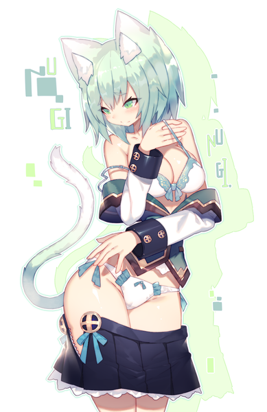 Anime-Bild 973x1500 mit original mamuru single tall image blush short hair breasts light erotic large breasts white background green eyes animal ears looking away tail animal tail green hair cat ears cat girl cat tail undressing