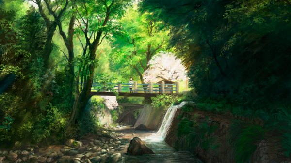Anime picture 1200x675 with original you shimizu short hair black hair wide image landscape river nature girl plant (plants) tree (trees) water forest bridge