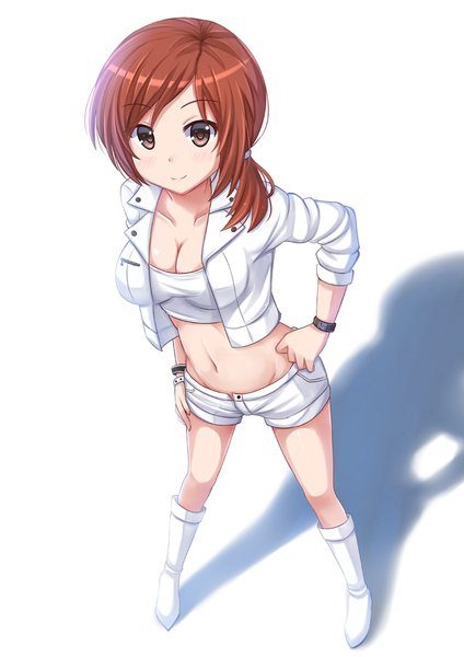 Anime picture 945x1336 with original kazenokaze single long hair tall image looking at viewer blush breasts simple background smile white background brown eyes cleavage ponytail red hair bare belly shadow girl navel jacket