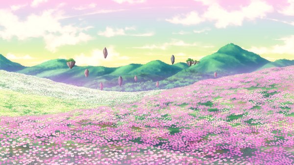 Anime picture 2048x1152 with guardian place skyfish (studio) highres wide image game cg sky cloud (clouds) mountain landscape field flower (flowers)