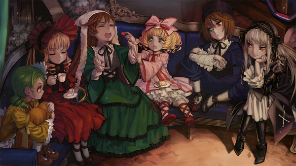 Anime picture 1000x563 with rozen maiden suigintou shinku suiseiseki souseiseki hina ichigo kanaria ryuuama long hair short hair open mouth blonde hair red eyes brown hair wide image sitting multiple girls green eyes silver hair eyes closed