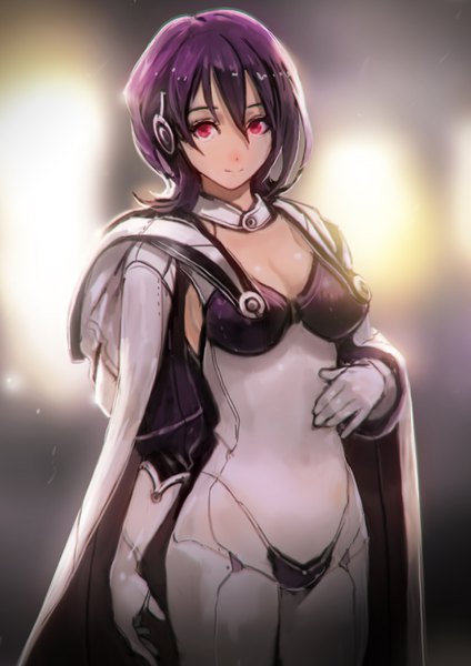 Anime picture 2480x3508 with original okuto single tall image looking at viewer fringe highres short hair breasts light erotic hair between eyes red eyes standing cleavage purple hair light smile depth of field girl gloves white gloves