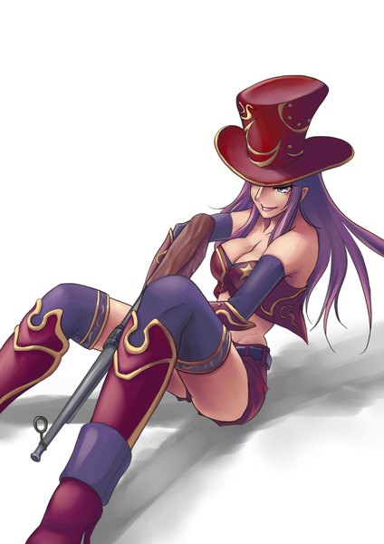 Anime picture 2480x3508 with league of legends caitlyn (league of legends) single long hair tall image highres breasts blue eyes large breasts white background purple hair girl hat shorts gun thigh boots