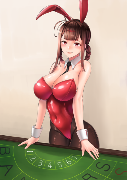 Anime picture 911x1290 with girls frontline dsr-50 (girls frontline) cloel single long hair tall image looking at viewer blush fringe breasts light erotic simple background smile red eyes brown hair large breasts standing animal ears payot cleavage