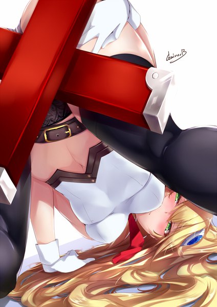 Anime picture 700x990 with blazblue noel vermillion gainoob single long hair tall image looking at viewer blush fringe breasts light erotic blonde hair simple background hair between eyes white background green eyes signed from behind on all fours top-down bottom-up