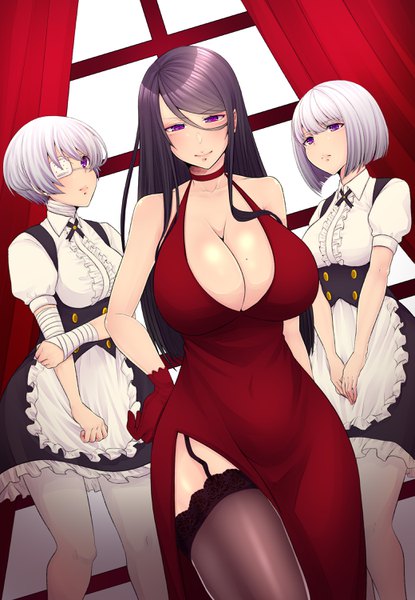 Anime picture 2077x3000 with original kira kazuki long hair tall image looking at viewer blush fringe highres short hair breasts light erotic hair between eyes large breasts standing purple eyes bare shoulders multiple girls looking away cleavage silver hair