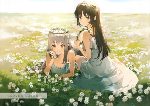 Anime picture 4859x3446 with original anmi long hair looking at viewer blush fringe highres breasts smile brown hair sitting bare shoulders multiple girls holding brown eyes green eyes absurdres outdoors lying grey hair