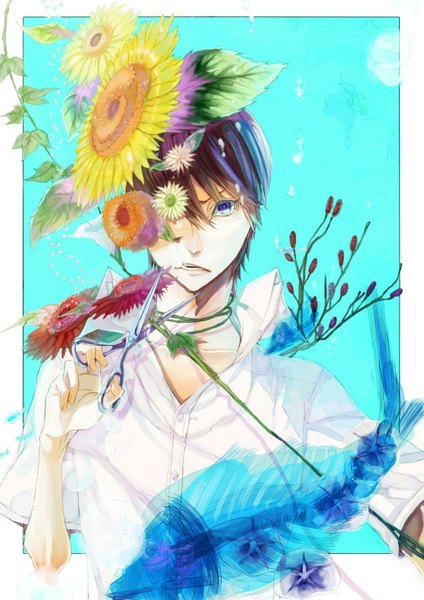 Anime picture 2172x3072 with original masuoka tall image looking at viewer highres short hair open mouth blue eyes brown hair framed skeleton boy flower (flowers) plant (plants) bubble (bubbles) fish (fishes) sunflower scissors jellyfish liana