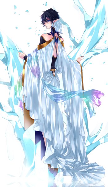 Anime picture 1000x1716 with the compass of 99 roads niiyo single long hair tall image fringe blue eyes black hair simple background hair between eyes white background looking away looking back pointy ears from behind turning head androgynous plant (plants) tree (trees) shawl