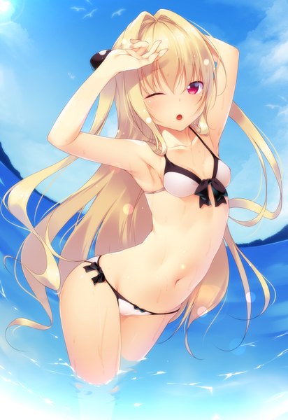 Anime picture 1100x1600 with toloveru toloveru darkness xebec konjiki no yami shokuyou mogura single long hair tall image blush open mouth light erotic blonde hair red eyes one eye closed wink girl navel swimsuit bikini white bikini