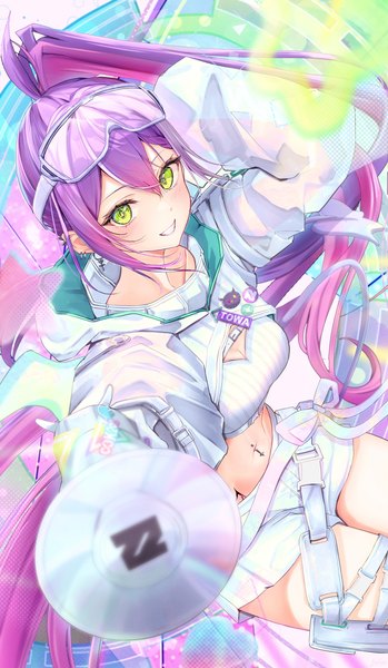 Anime picture 1625x2795 with virtual youtuber hololive tokoyami towa tokoyami towa (5th costume) yuki haru single tall image looking at viewer fringe smile hair between eyes green eyes purple hair very long hair grin piercing official alternate costume ear piercing arm behind head goggles on head