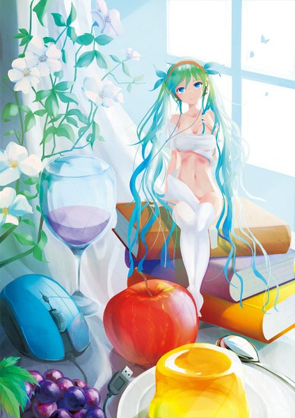 Anime picture 893x1264 with vocaloid hatsune miku jellyframe single tall image blush light erotic smile sitting twintails bare shoulders bent knee (knees) very long hair aqua eyes green hair aqua hair bare belly no shoes hand on chest wavy hair