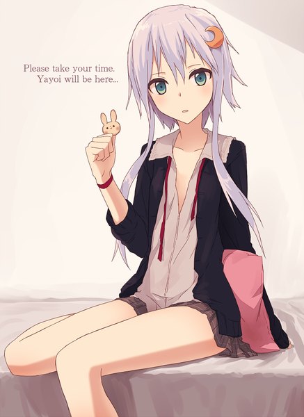 Anime picture 700x960 with kantai collection yayoi destroyer bullfalk single tall image looking at viewer blush fringe short hair hair between eyes sitting payot purple hair parted lips aqua eyes open clothes text english girl uniform