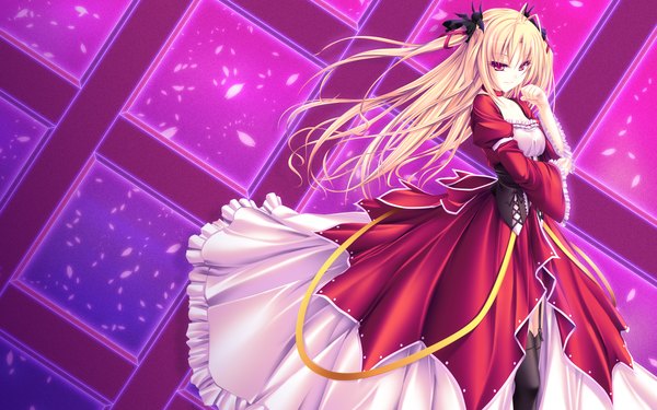 Anime picture 2560x1600 with tenmaso single long hair highres blonde hair red eyes wide image girl dress ribbon (ribbons) hair ribbon petals frills