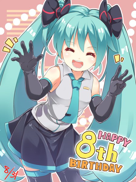 Anime picture 750x1000 with project diva f 2nd vocaloid hatsune miku asutora single tall image blush open mouth smile twintails eyes closed :d pleated skirt aqua hair teeth leaning leaning forward sleeveless dated happy