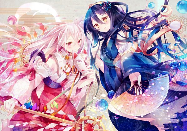 Anime picture 993x699 with original ibara riato long hair looking at viewer smile red eyes multiple girls holding yellow eyes pink hair purple hair traditional clothes japanese clothes wide sleeves leaning leaning forward outstretched arm egasumi girl 2 girls