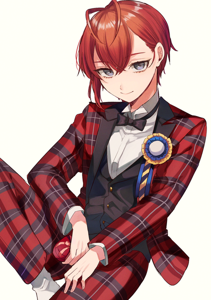 Anime picture 1512x2150 with twisted wonderland riddle rosehearts kenpin single tall image fringe short hair simple background smile hair between eyes white background sitting holding ahoge red hair grey eyes plaid boy bowtie