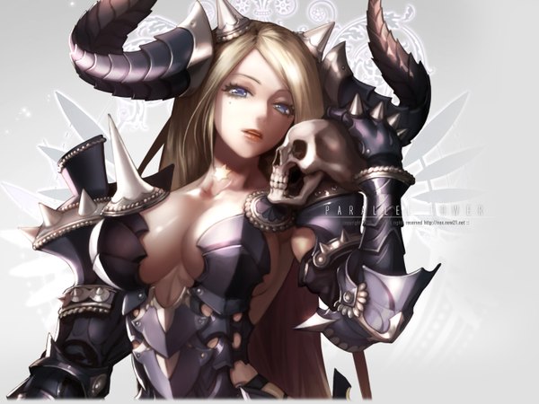 Anime picture 1400x1050 with parallel tower single long hair breasts blue eyes light erotic blonde hair simple background cleavage horn (horns) inscription girl armor skull thorns