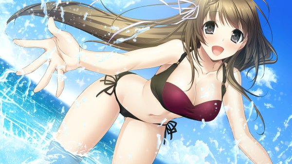 Anime picture 1280x720 with haru kiss giga yasumi itsuki mikoto akemi single long hair blush fringe breasts open mouth light erotic smile brown hair wide image large breasts game cg sky cloud (clouds) black eyes girl