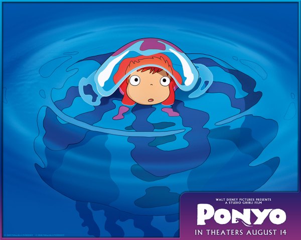 Anime picture 1280x1024 with gake no ue no ponyo studio ghibli ponyo short hair open mouth black eyes orange hair water